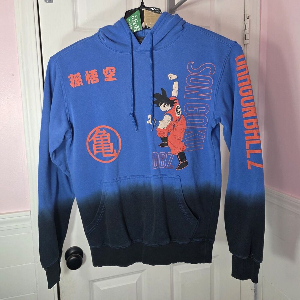 Dragon Ball Z Son Goku Logo Hoodie Men’s Small Blue Black Anime Sweatshirt